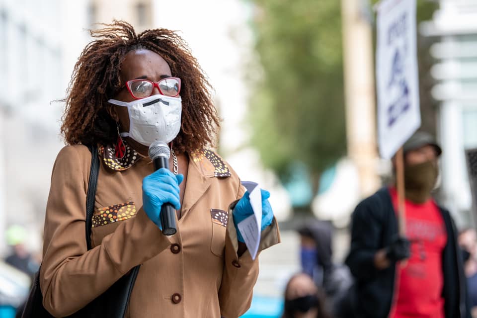 TGIJP Executive Director speaking during a protest in San Francisco in 2020. Photo credit: Photo credit Transgender, Gender-Variant, Intersex Justice Project