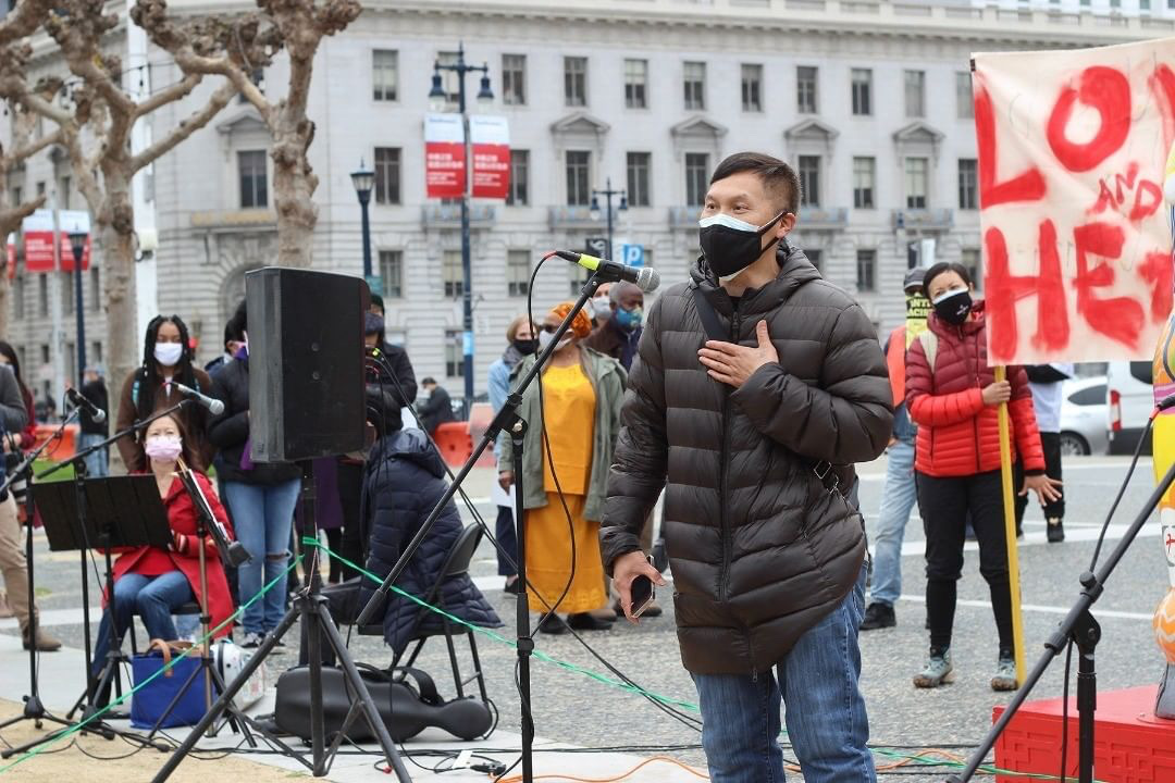 New Breath Foundation Founder and President, Eddy Zheng, speaking at the Love Our People & Heal Our Communities rally in San Francisco, CA in 2021. Photo Credit: Eddy Zheng. 