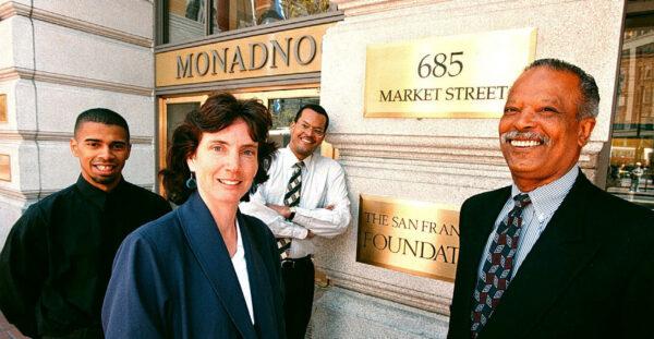 SAN FRANCISCO, CALIFORNIA – APRIL 9: From left, Dwayne Marsh, Tessa Rouverol, Fred Blackwell, Jr., and Joe Brooks from the San Francisco Foundation pose for a portrait on Market Street in San Francisco, Calif., on April 9. 1997.